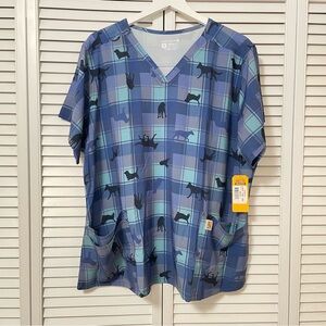 NWT Carhartt 2XL Scrubs Top Modern Fit Dog Print Plaid V-Neck Short Sleeve Vet